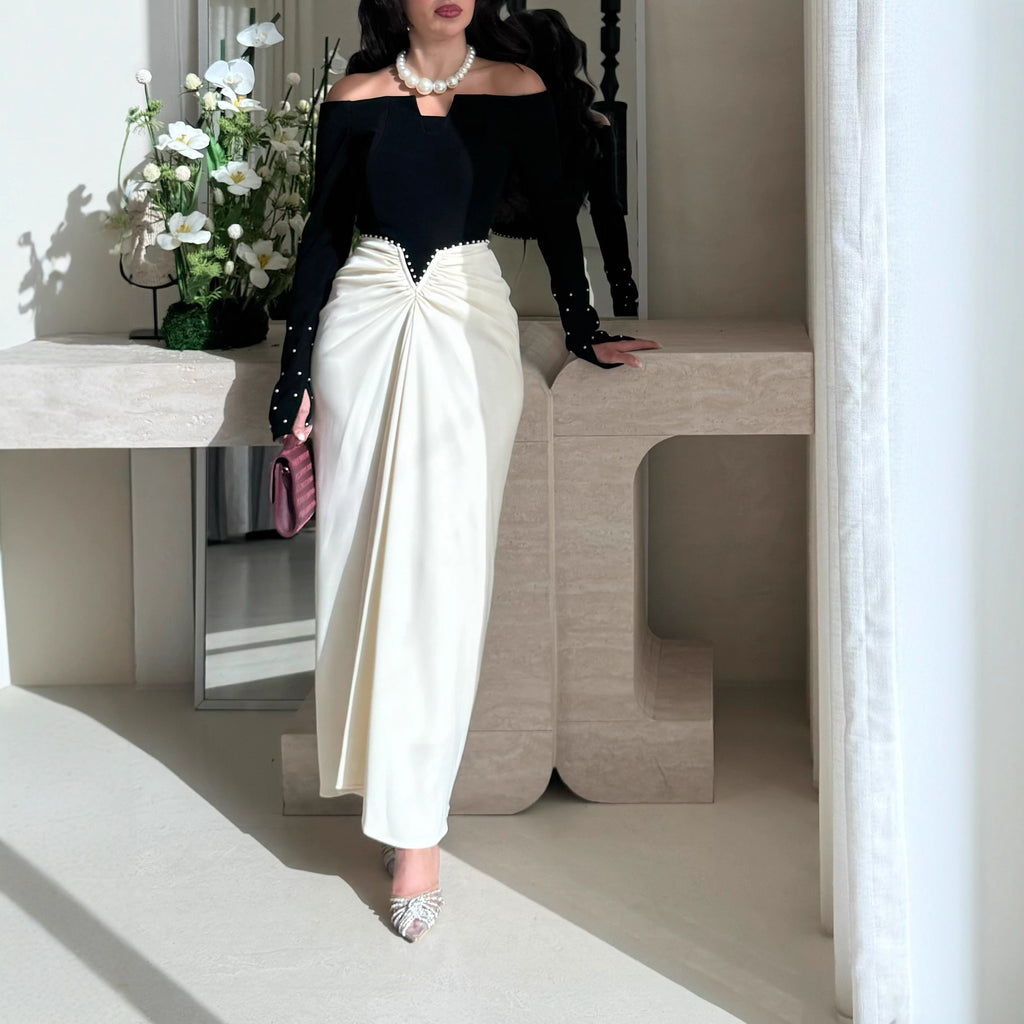Elegant Sheath Dress with Color Blocking and Pearl Embellishments