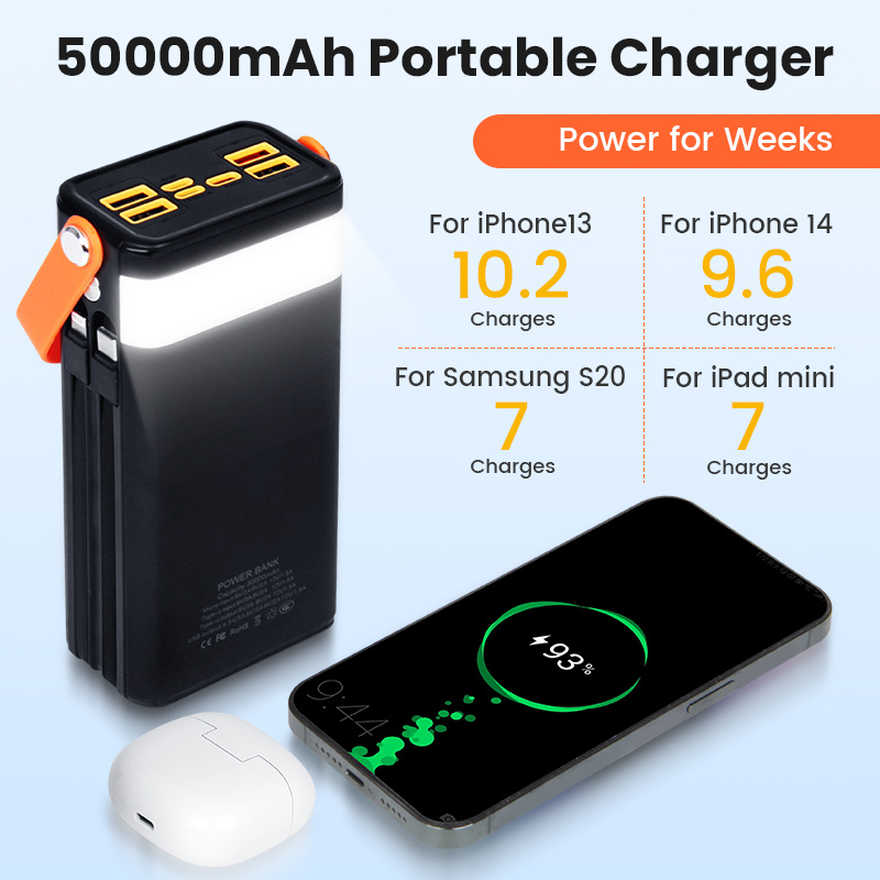 50000mAh Banque de puissance portable de grande capacité avec câble de données intégré