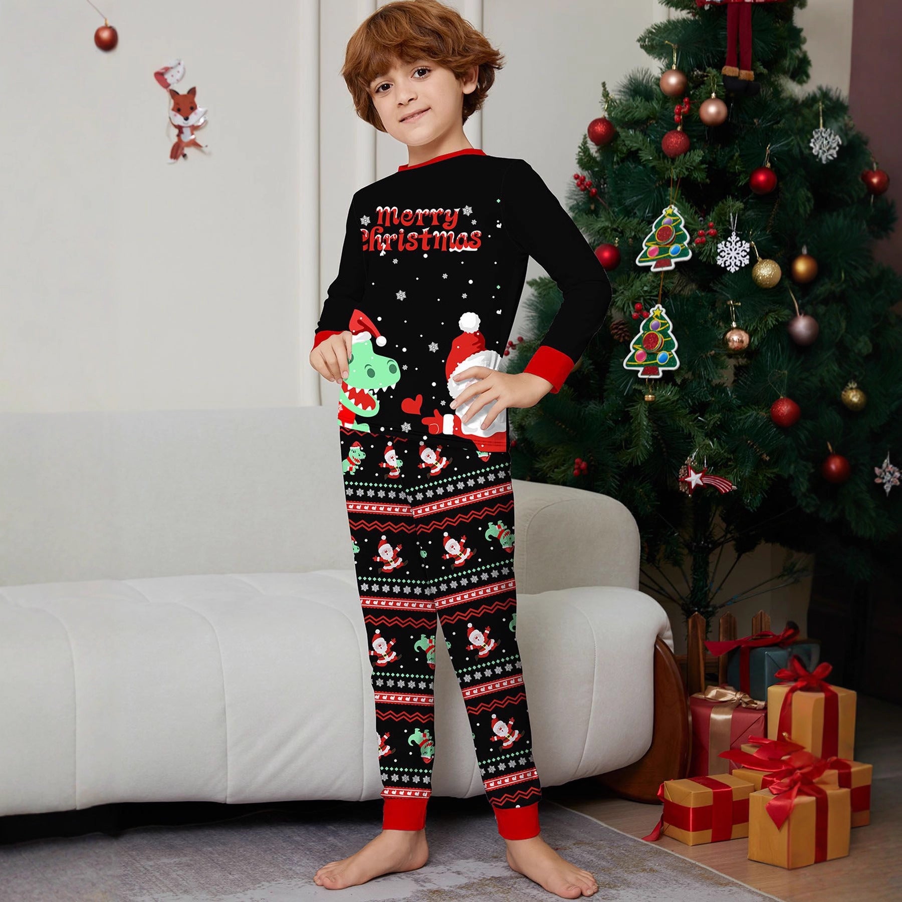 Caricature Dinosaur Imprimé Pyjama noir Taille parent-enfant