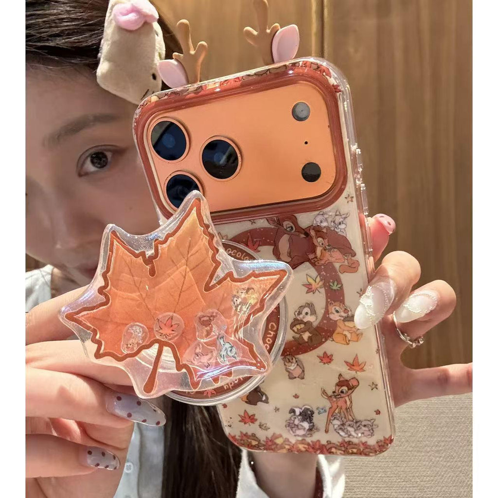 Mignon 3D Deer-Ear étui de téléphone magnétique Maple-Leaf