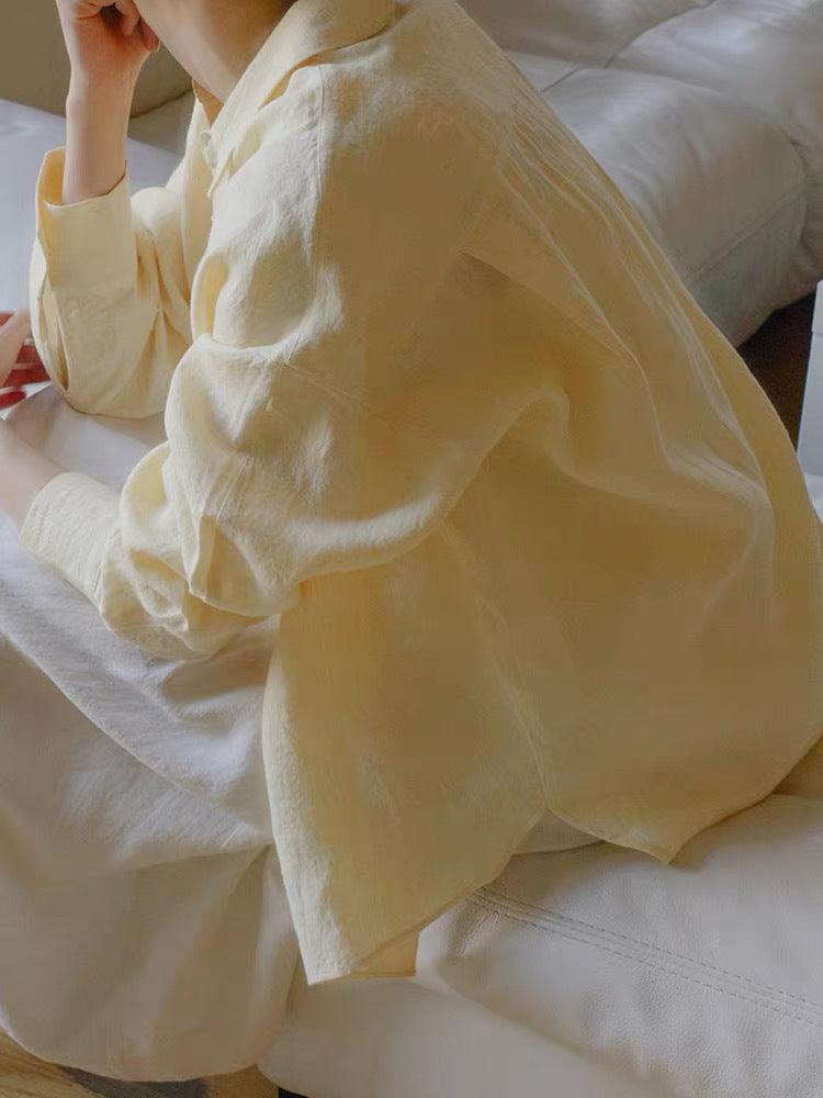Veste de chemise haut de gamme en lin Jaune Cool-feel Top Old-Money Style Par Ma Zhi Yu