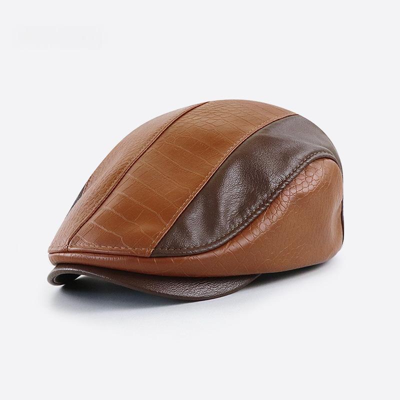 Style américain Vintage PU Leather Artistic Patchwork Newsboy Cap