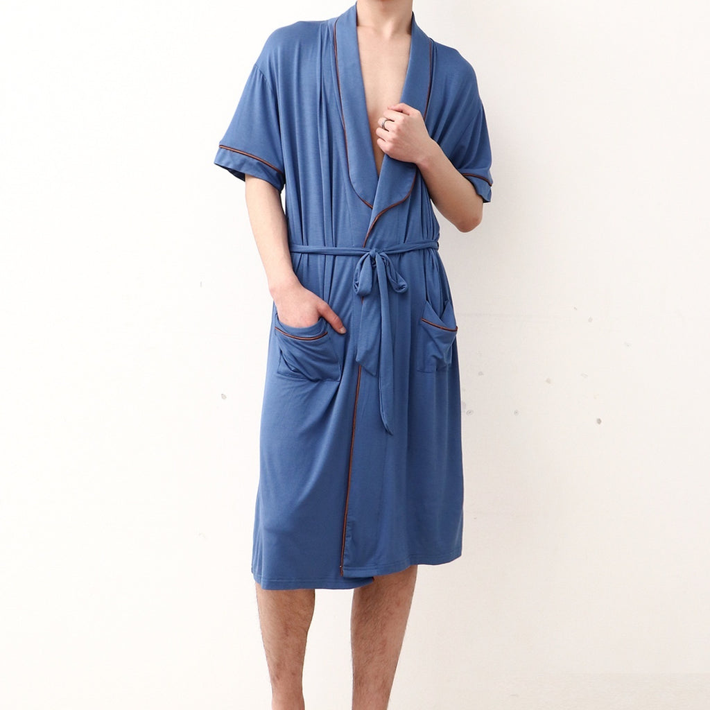 Men's Mandarin Collar Short-Sleeved Pajama Robe with Belt, Mid-Length