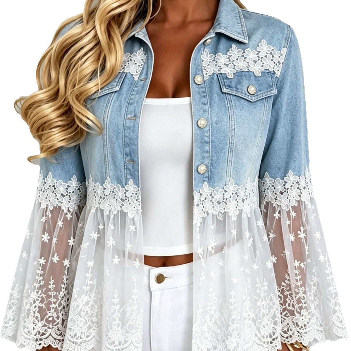 Veste en Denim en dentelle et en mailles
