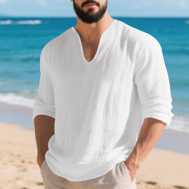 Chemise en V à manches longues en lin casual pour hommes