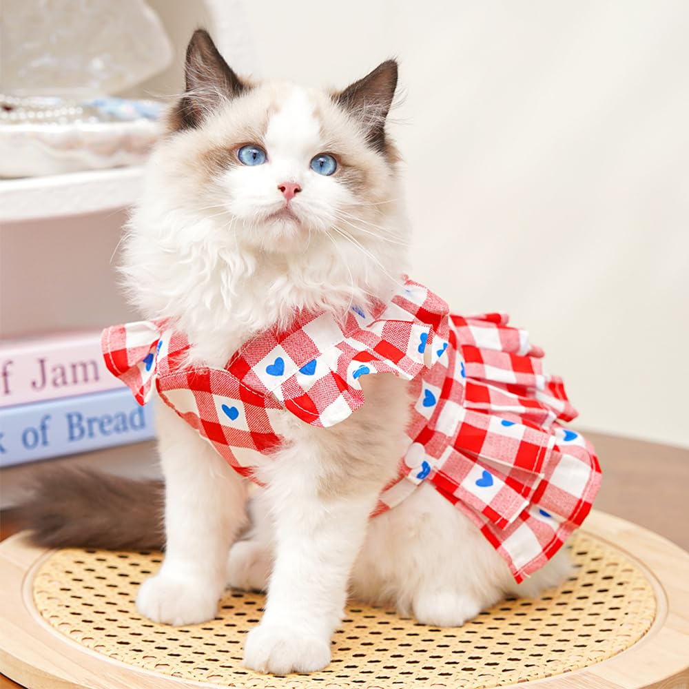 Rouge Plaid petite robe de chien fille printemps vêtements de chat avec patron de coeur été robes de Pet Fo