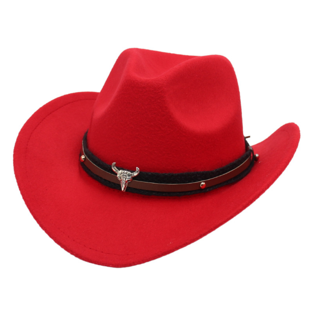 Chapeau américain rétro Western Cowboy - Silver Bull Head Large Brim Felt Chapeau tricoté