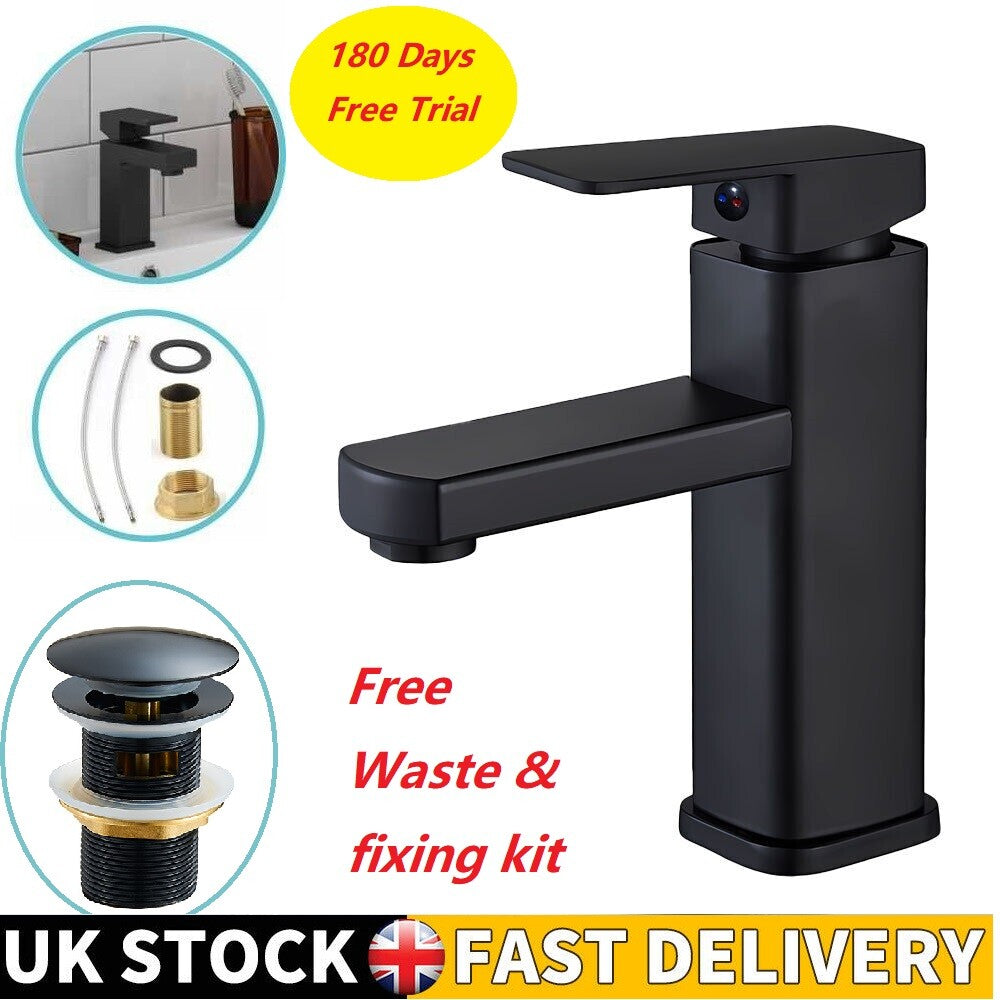 Black Square Waterfall Cloakroom Large Basin Mixer Tap Sink Mono Salle de bains & Waste