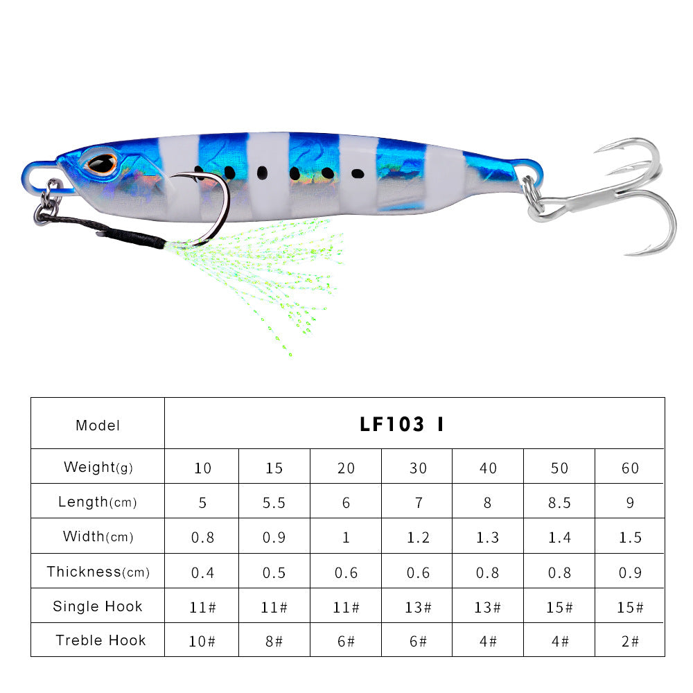 Luya Bait Submerged Tossing Lure plaque de fer Plomb lumineux de poisson avec crochet Treble