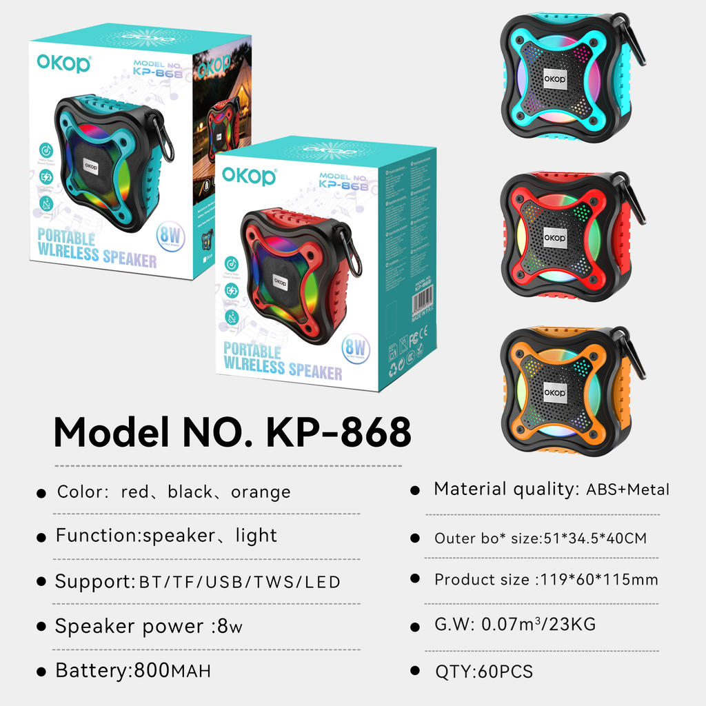 KP-868 Haut-parleur Bluetooth sans fil vendu à chaud doté d'un éclairage RGB à poignée portable