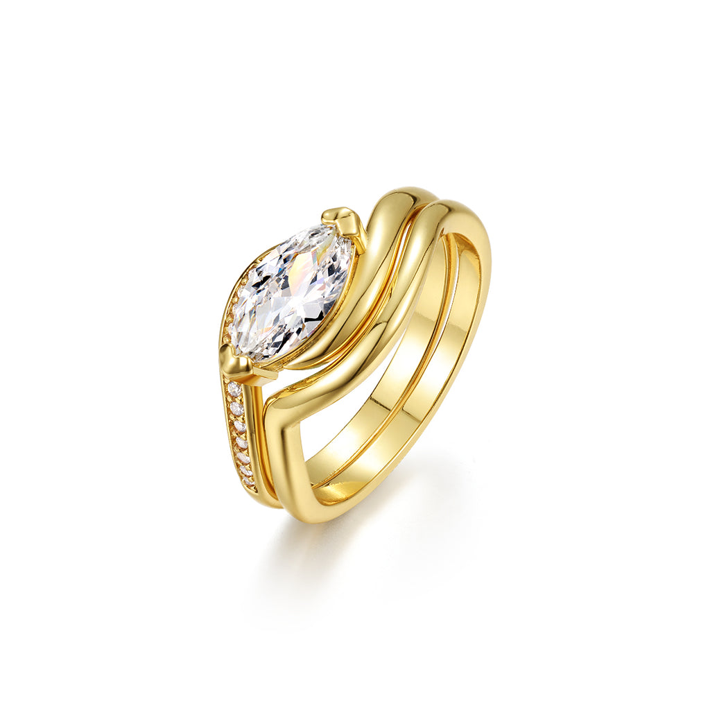 S925 Argent plaqué or 5x10mm Marquise Moissanite Anneau Wave Interlocking Design D Couleur V