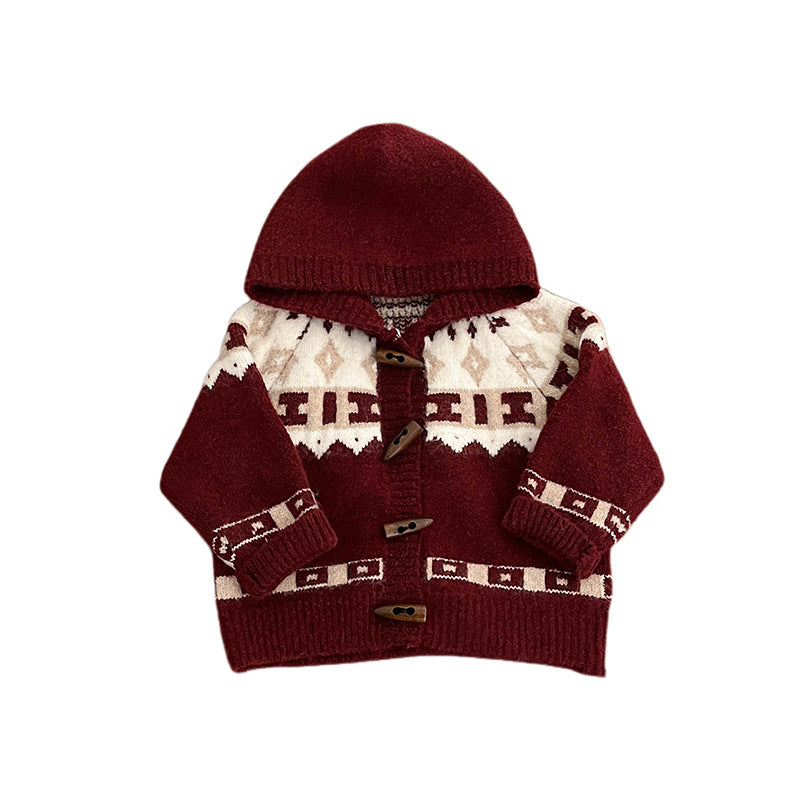 Cardigan à capuchon retro rouge épaissi