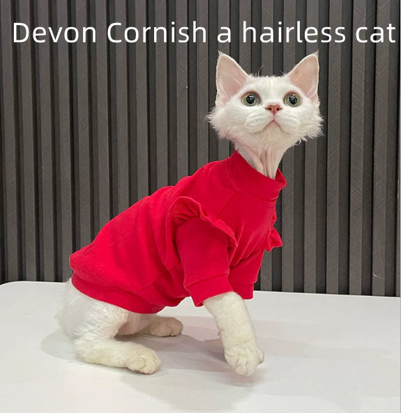T-shirt rouge avec volants sans cheveux vêtements de chat Sphynx Et Devon Rex Apparel