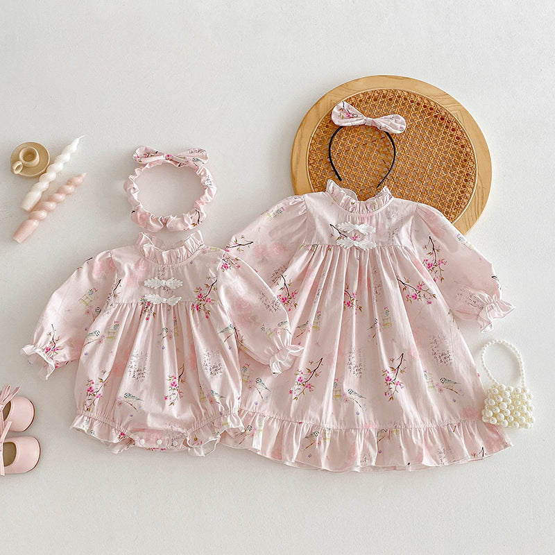 Longue manches bébé fille Triangle Rompers Retro style Tang robe