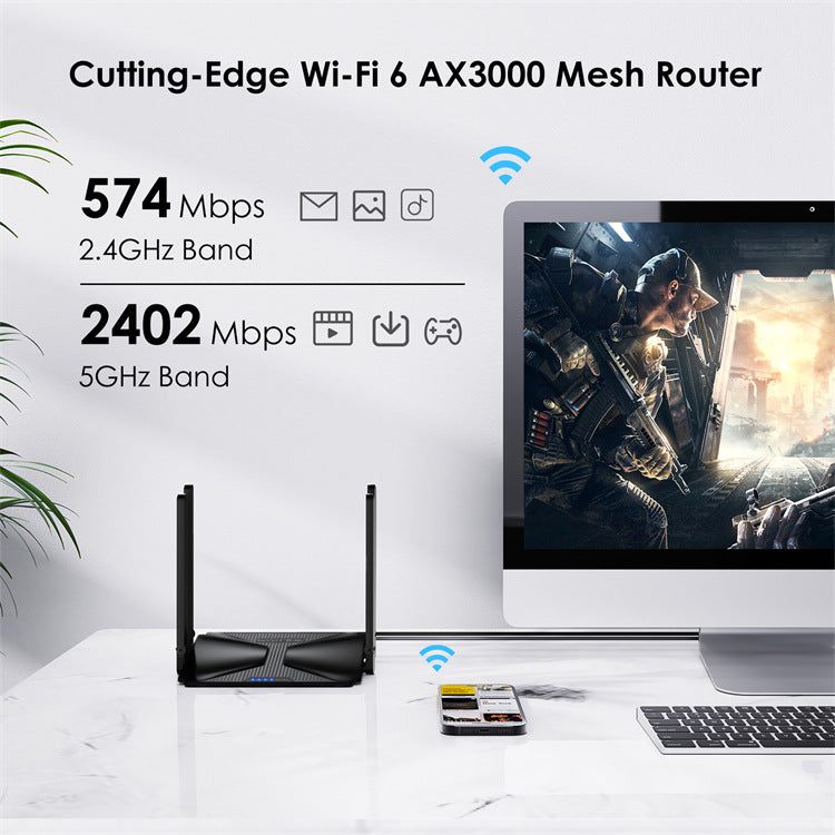 AX3000 Double-Band Gigabit Mesh Wi-Fi sans fil 6 Routeur avec 5dBi High-Gain Four-Antenna Des