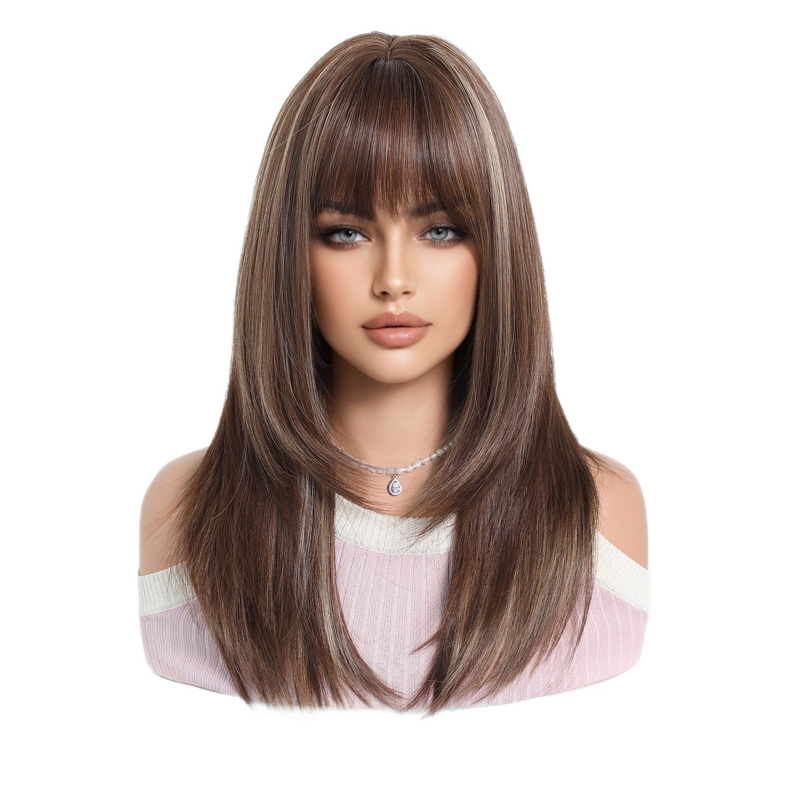 Perruque synthétique haute température pour femmes avec capuchon de cheveux Bangs