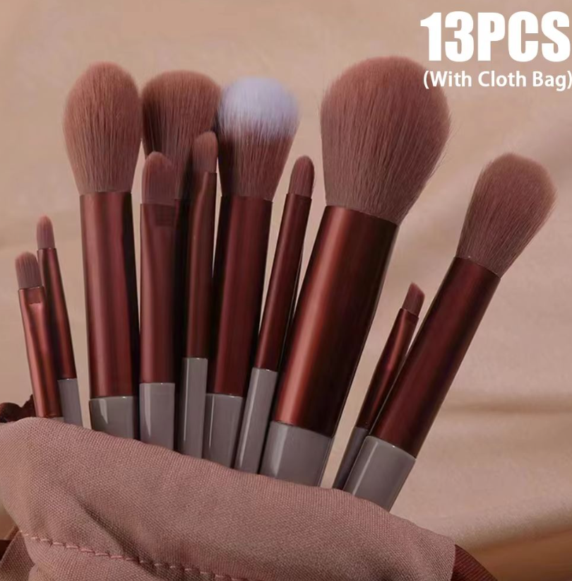 Pinceau de maquillage 13Pcs Set synthétique en fibre plastique Poignée sac en velours