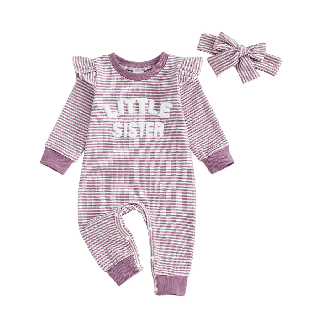 Filles Striped Broded Lettre Flutter Sleeve Manches longues Solid-Color Jumpsuit Coton Il