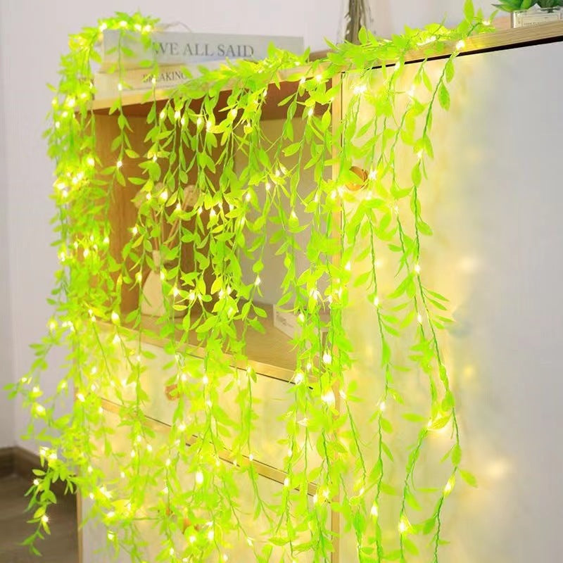Feuille verte Rattan fil de cuivre rideau lumière