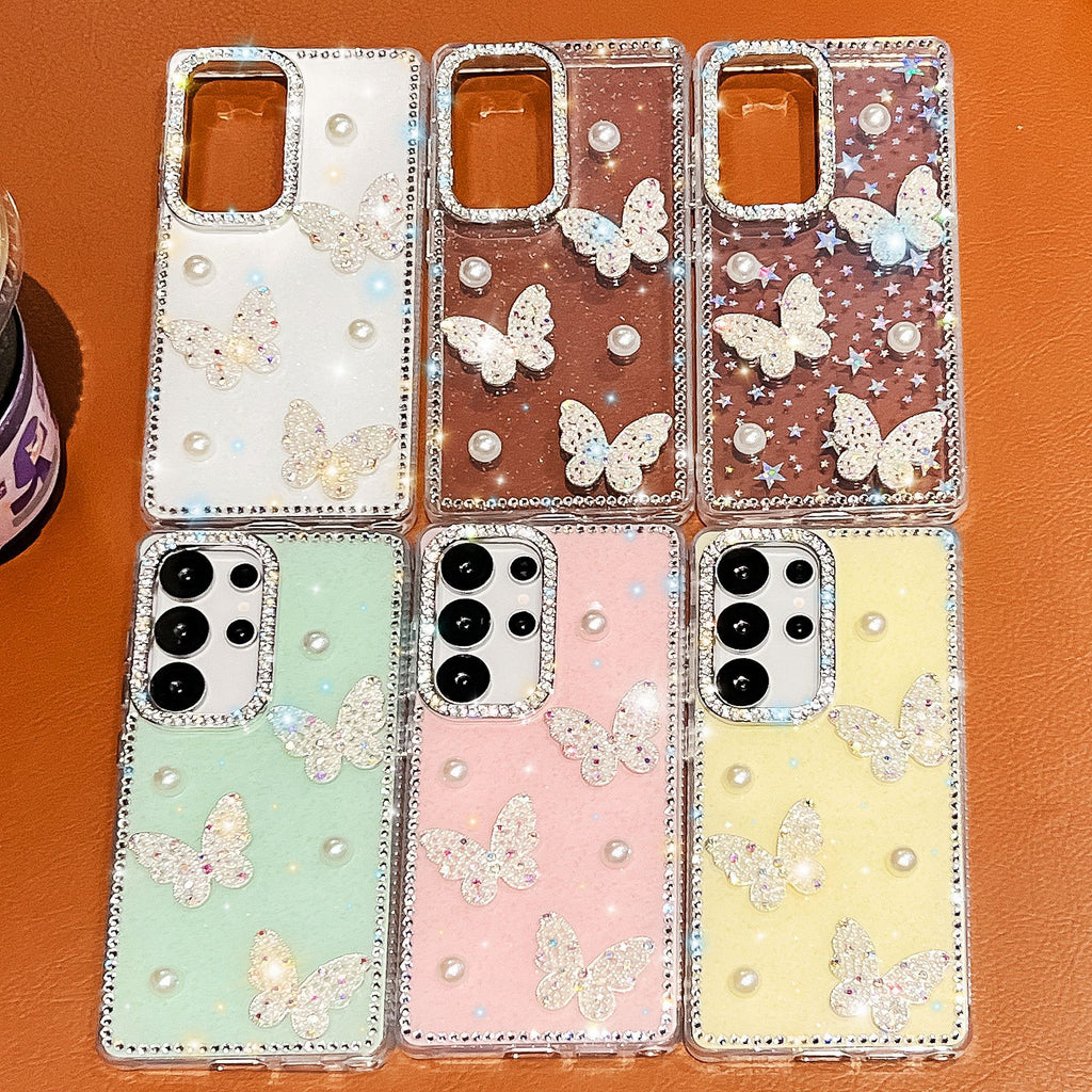 Glitter Powder Pearl Butterfly Style Coque téléphonique avec Strass