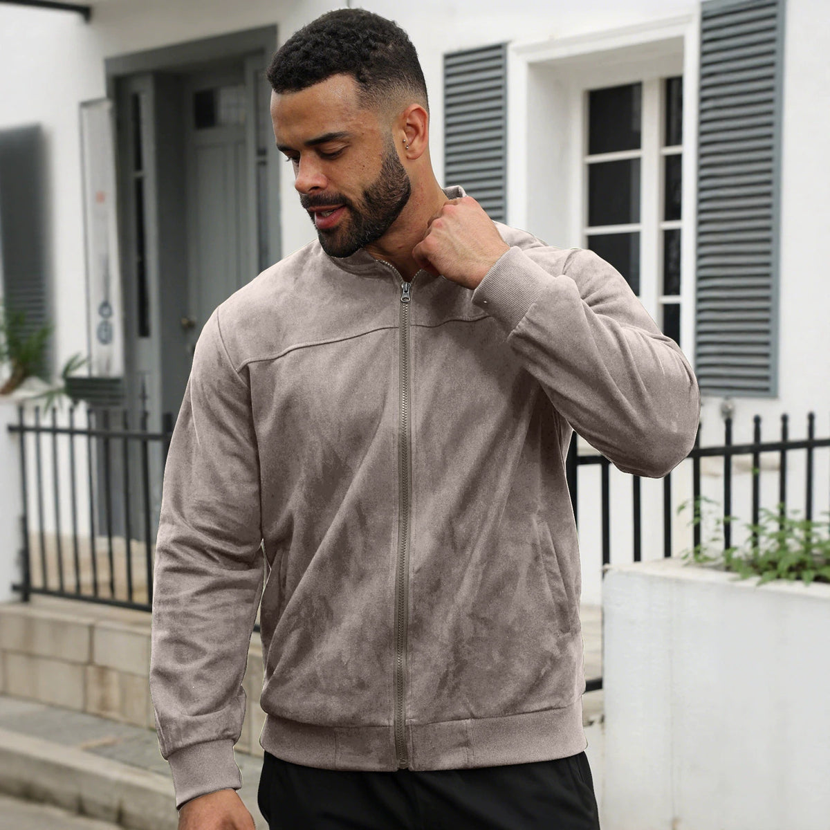 European And American Men's Suede Solid Color Casual Sports Stand Collar Zipper Jacket Plu