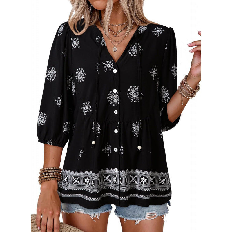 Bohemian Floral Manches courtes Bouton-up col V Ruffled Doll style Casual Loose-fit Blouse