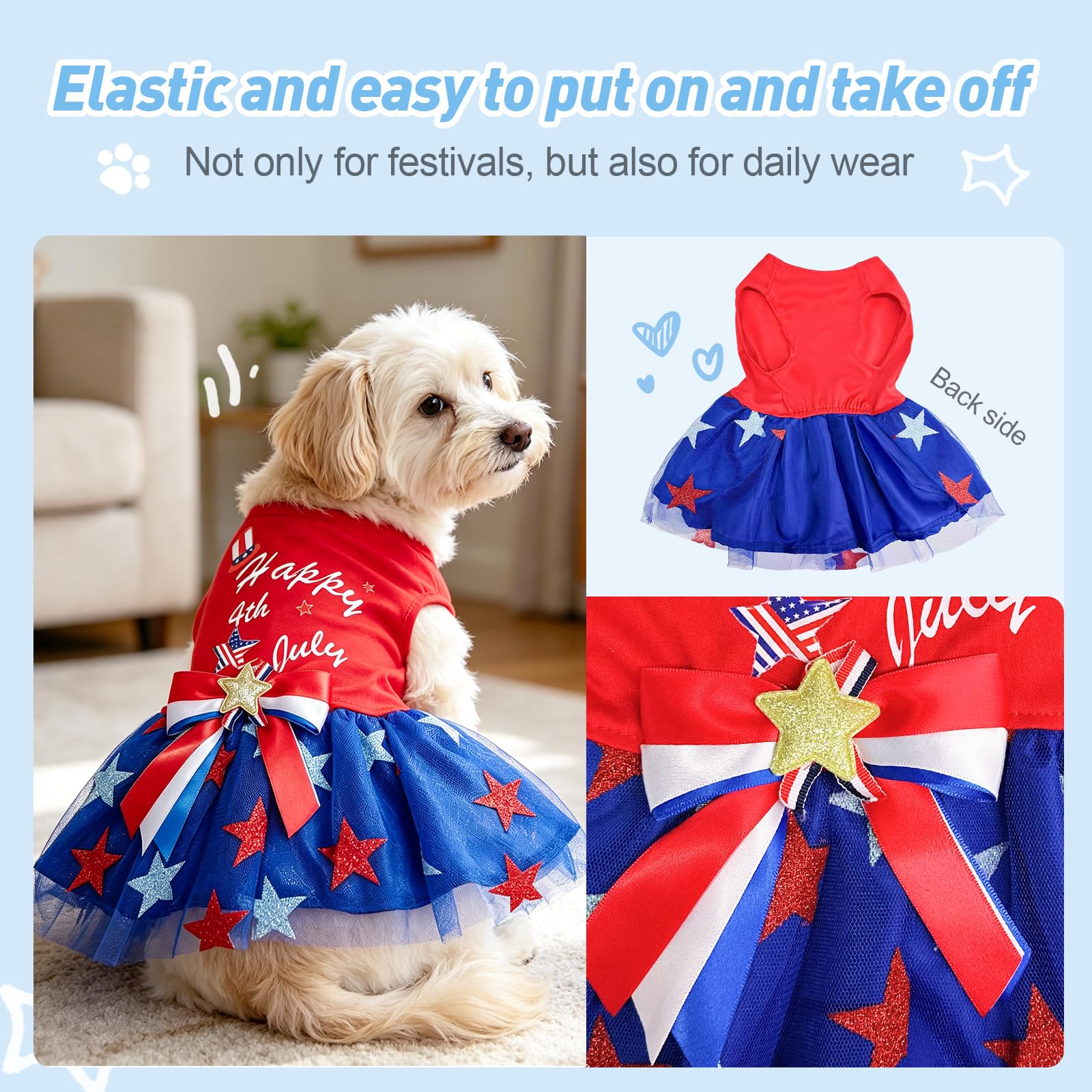 Dog Tulle robe indépendante Jour patriotique Stars Dog Outfit Sparkly Pet robe de vacances avec