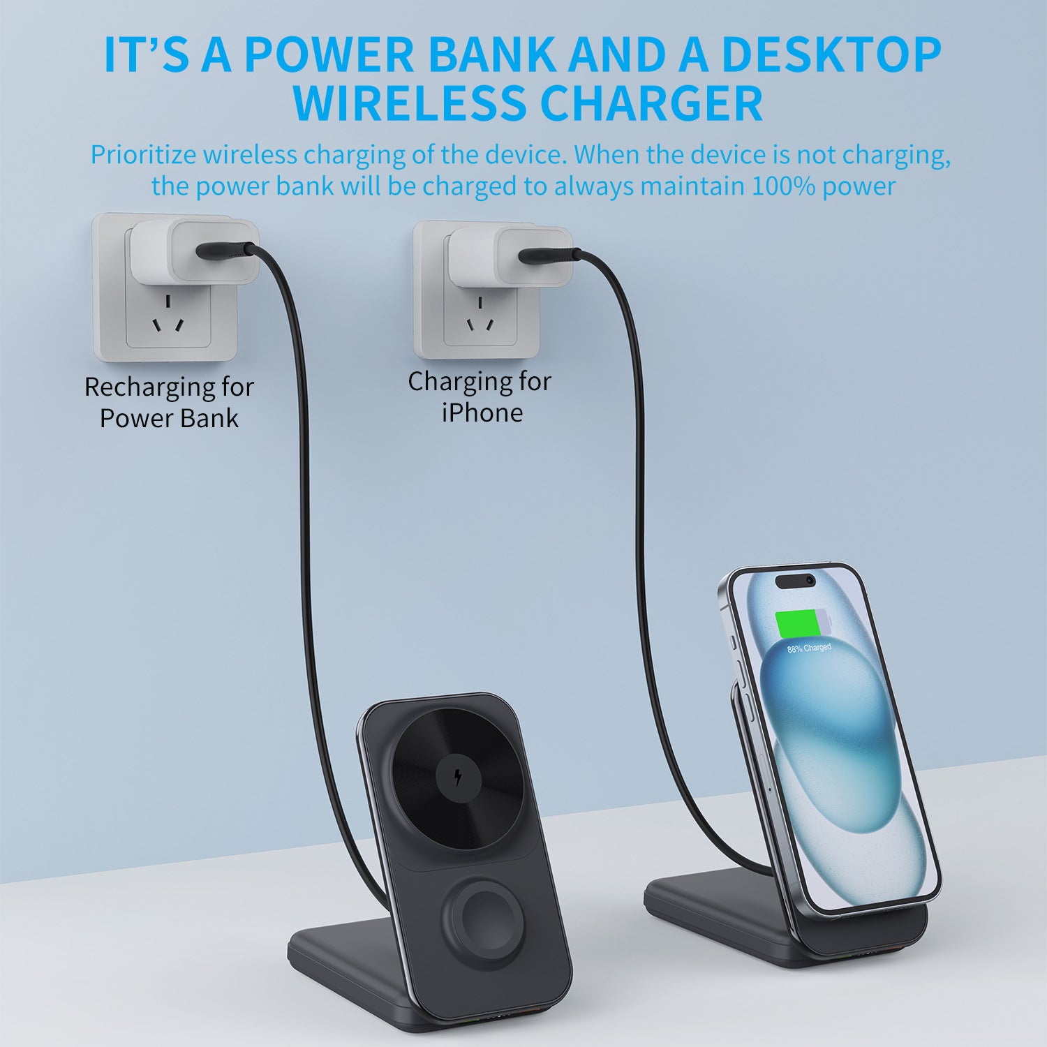 Pliage avec câble 8000mAh Banque de puissance magnétique sans fil