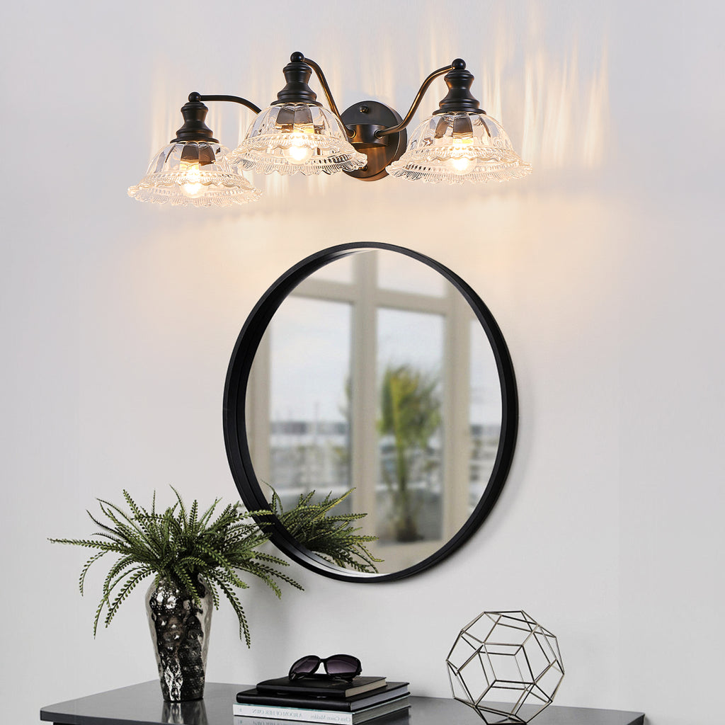 24 pouces 3-Light Vintage salle de bain mur sconce élégant noir métal et verre abat-jour Vanit