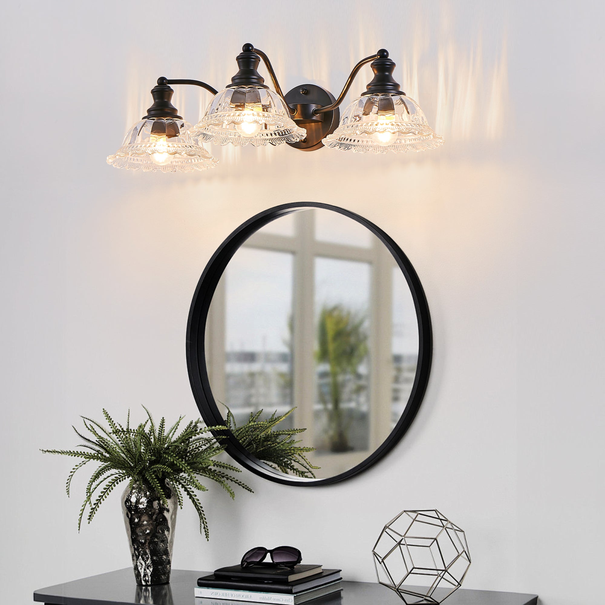 24 pouces 3-Light Vintage salle de bain mur sconce élégant noir métal et verre abat-jour Vanit