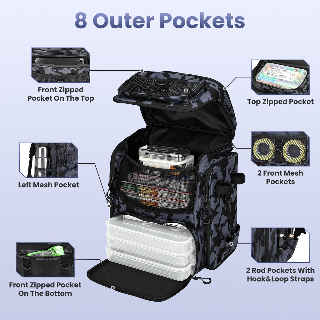 42L 11Gal sac à dos de pêche grande capacité de pêche sac de rangement avec porte-rodes 16 P