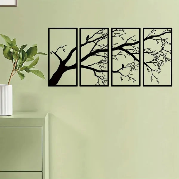 CIFbuy Iron Bare Branch & Bird 4-Panel Wall Art