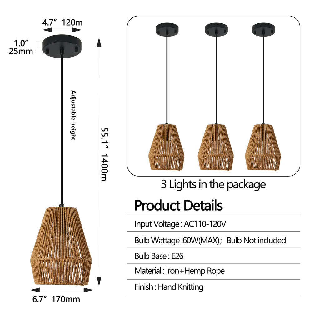 Ensemble de 7pouces de 3 Pendentif de corde de chanvre rustique