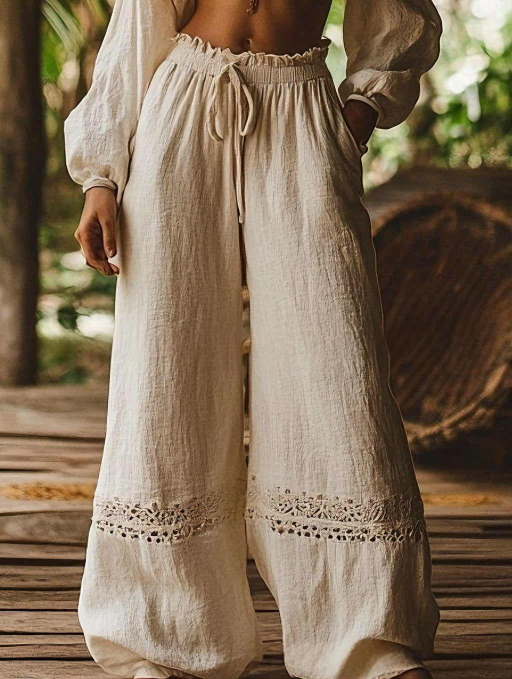 Pantalon en dentelle à large portée Beige High-wisted
