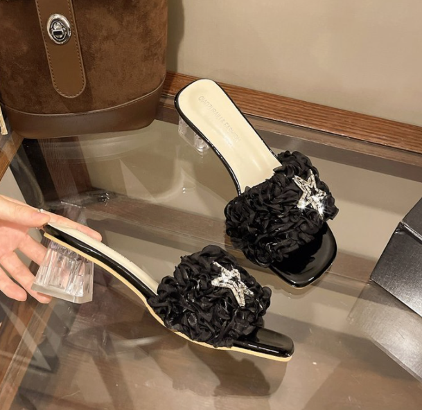 Diapositives de talons en pierre de Strass florale pour femmes