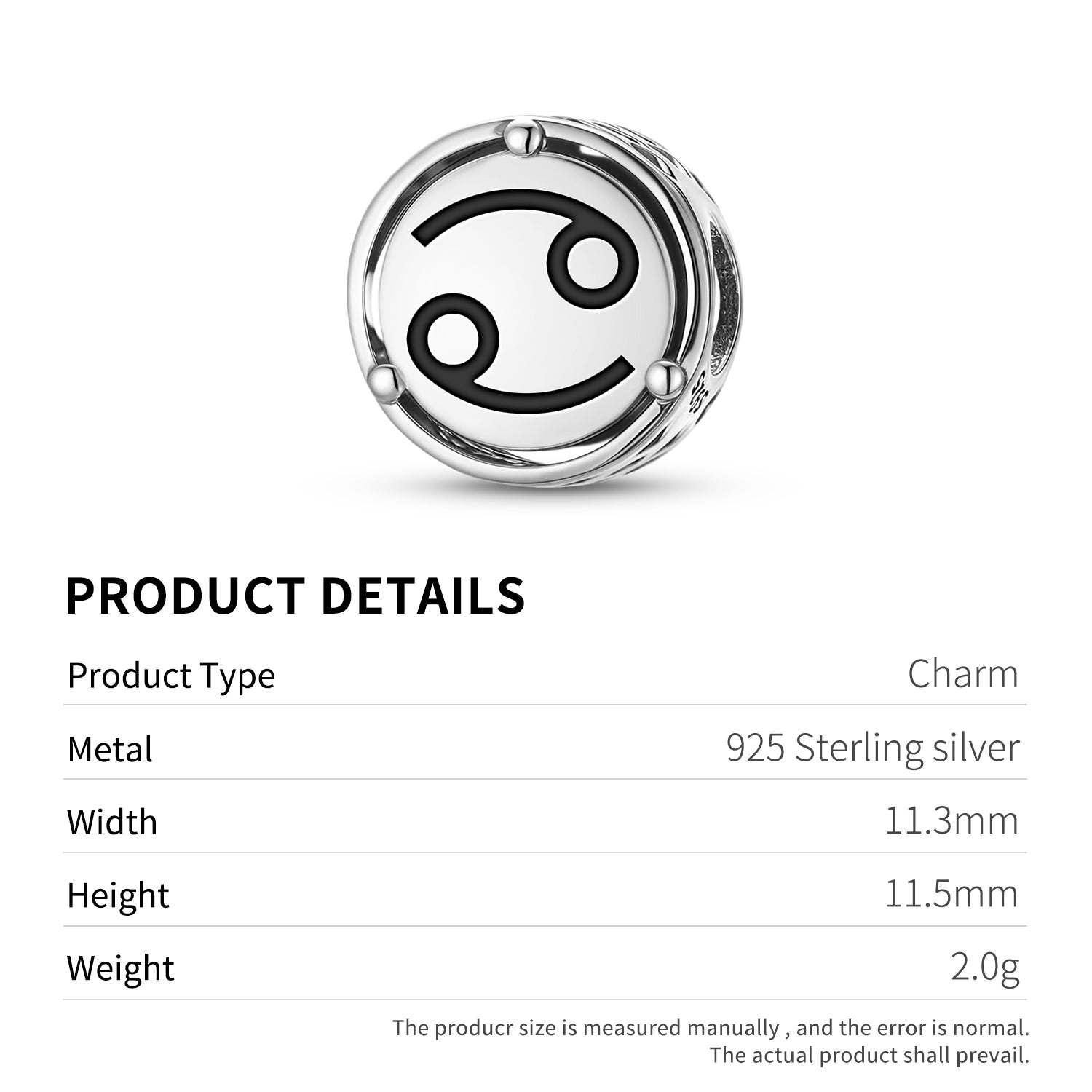 925 Argent Sterling Astrologie Cancer Charms Pour Bracelets et Colliers Pendentifs Perles Jewel