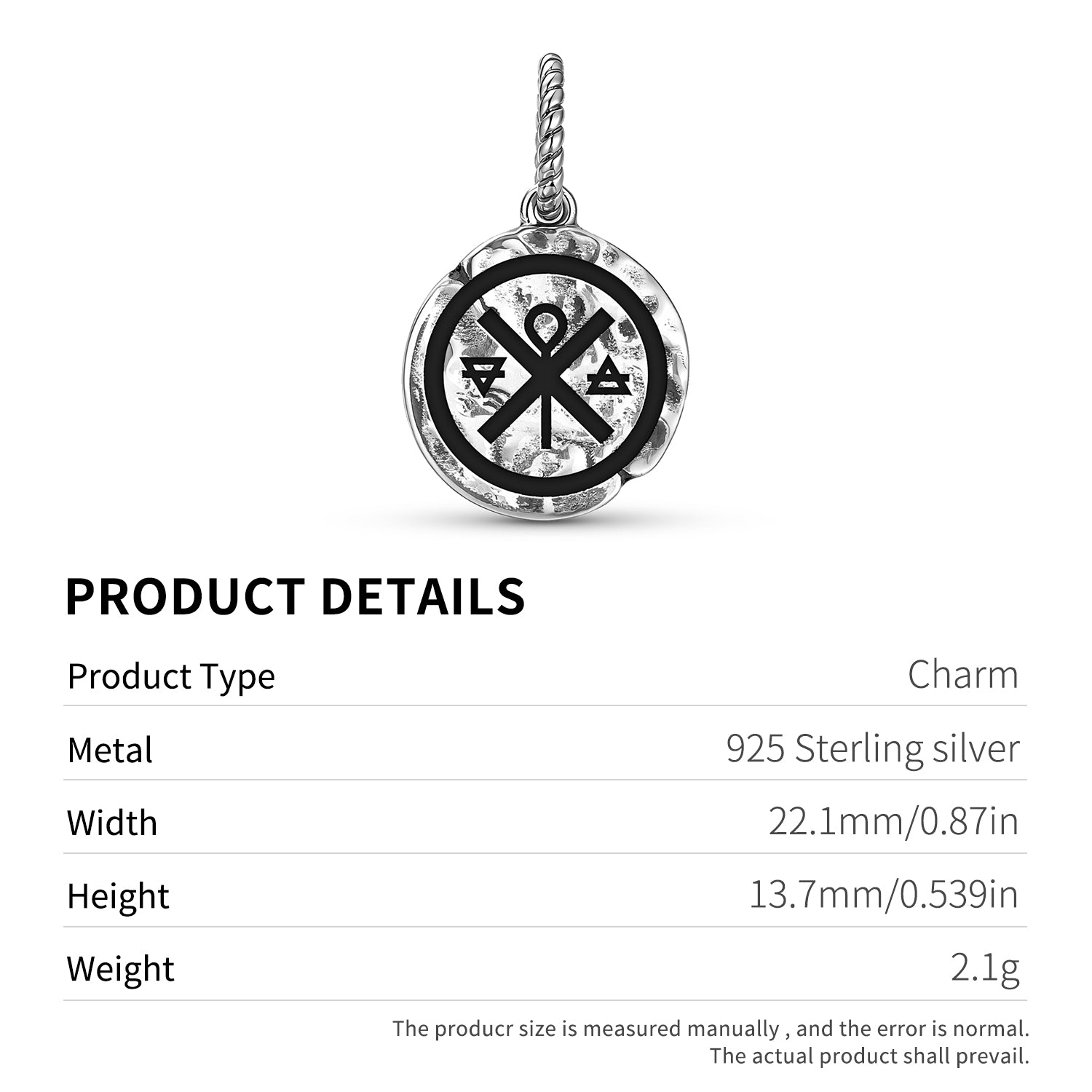 Symbole de la mort du Tarot 925 Argent Sterling Texture main Dangle Charm pour bracelets de charme