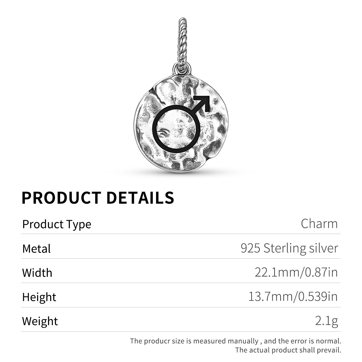Grec Mythologie Ares Mars Symbole 925 Argent Sterling Textured Dangle Charm pour Charm