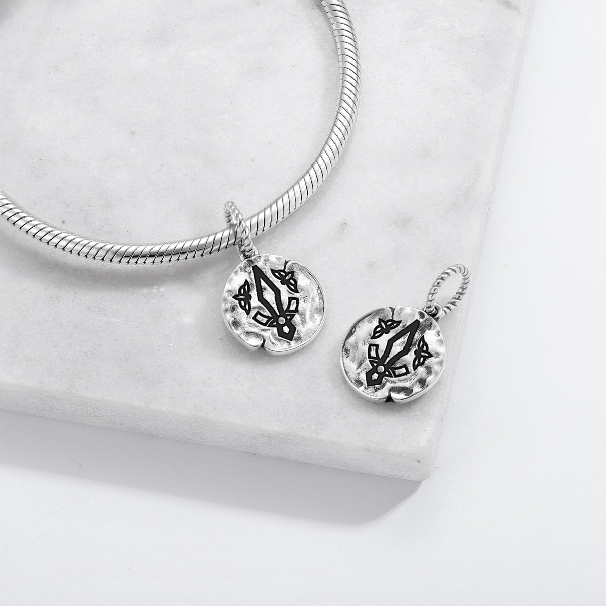 Norse Gungnir Symbol 925 Sterling Silver Hand-Textured Dangle Charm for Charm Bracelets