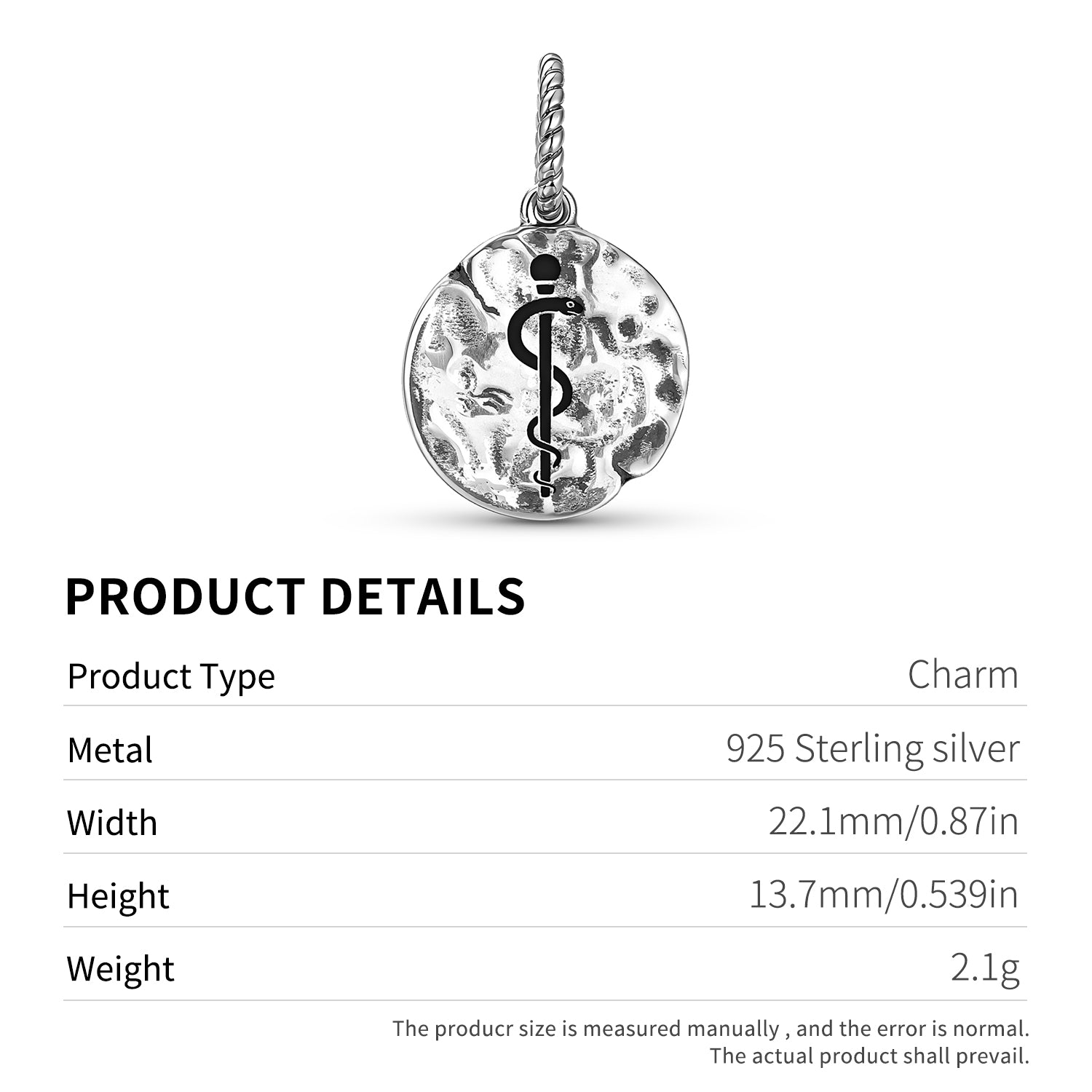 Charm Rod OfAsclepius Symbol 925 Argent Sterling Textured Dangle Charm pour Charm Brac