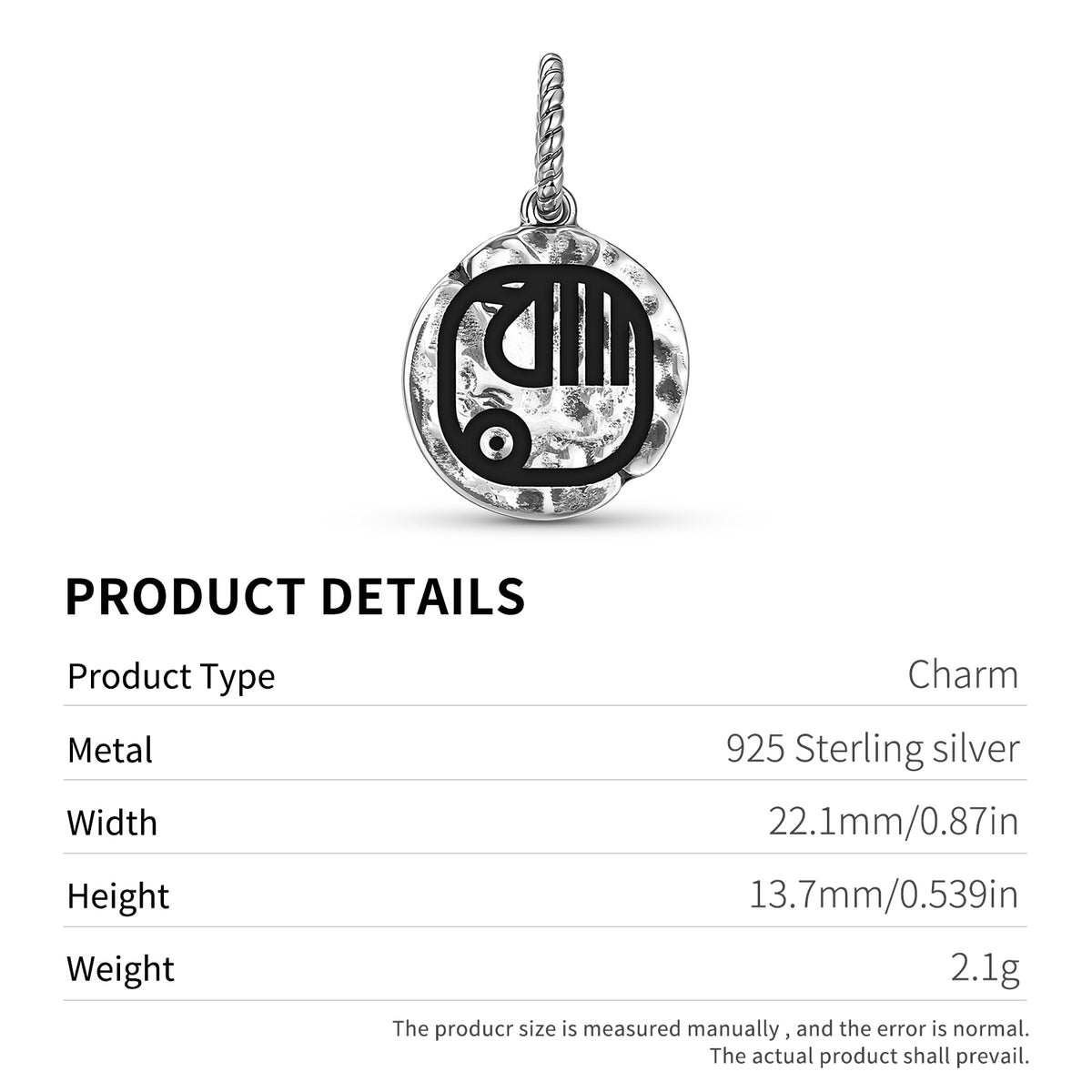 Maya Manik Symbol 925 Sterling Silver Textured Hand Dangle Charm for Charm Bracelets