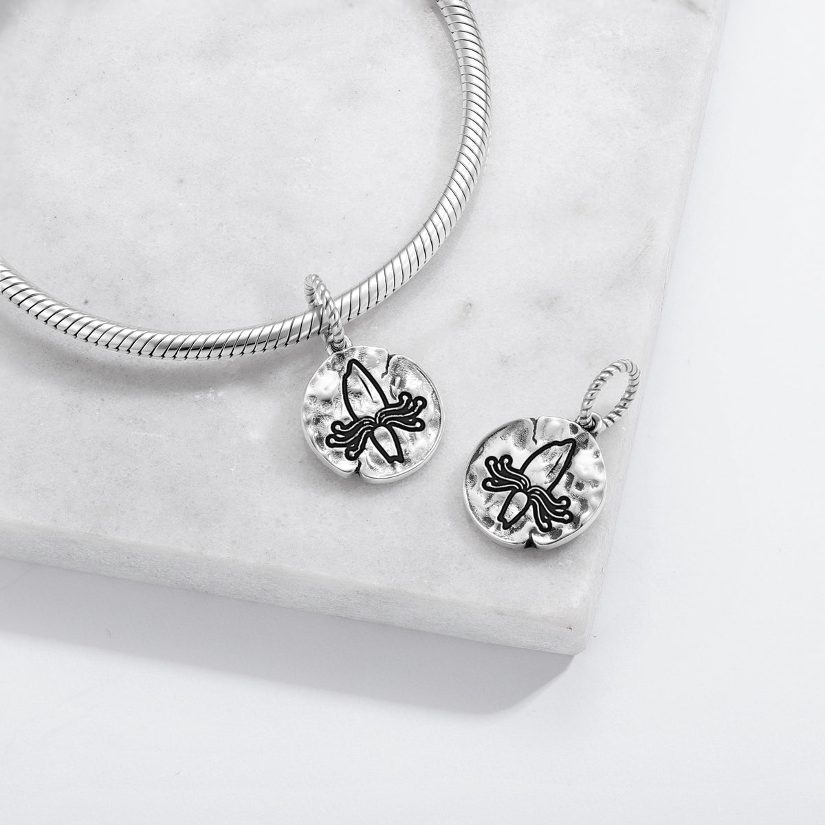 Honeysuckle Flowers Symbol 925 Sterling Silver Textured Dangle Charm for Charm Bracel