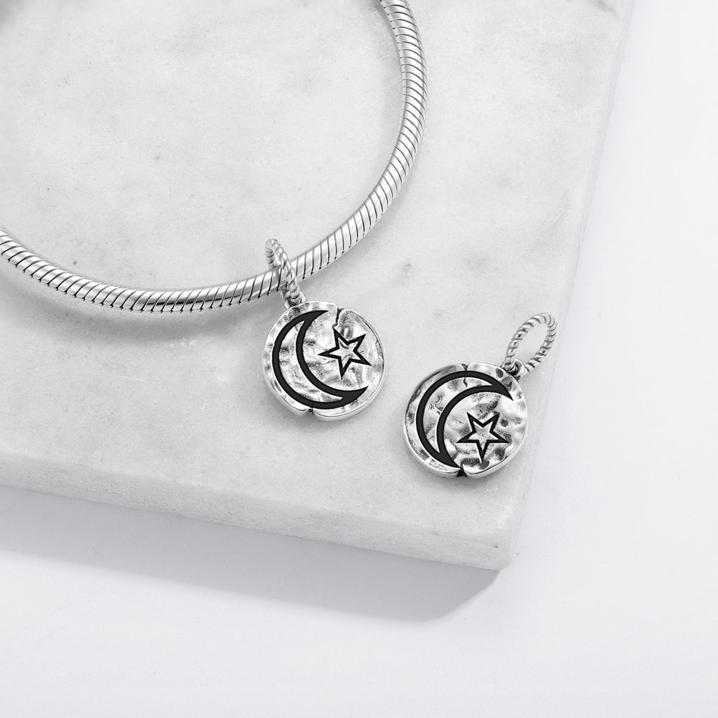 Islam Star et Symbole du Croissant 925 Argent Sterling Textured Dangle Charm pour Charm Br