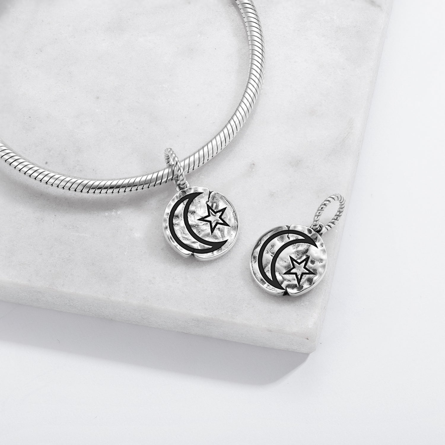 Islam Star et Symbole du Croissant 925 Argent Sterling Textured Dangle Charm pour Charm Br