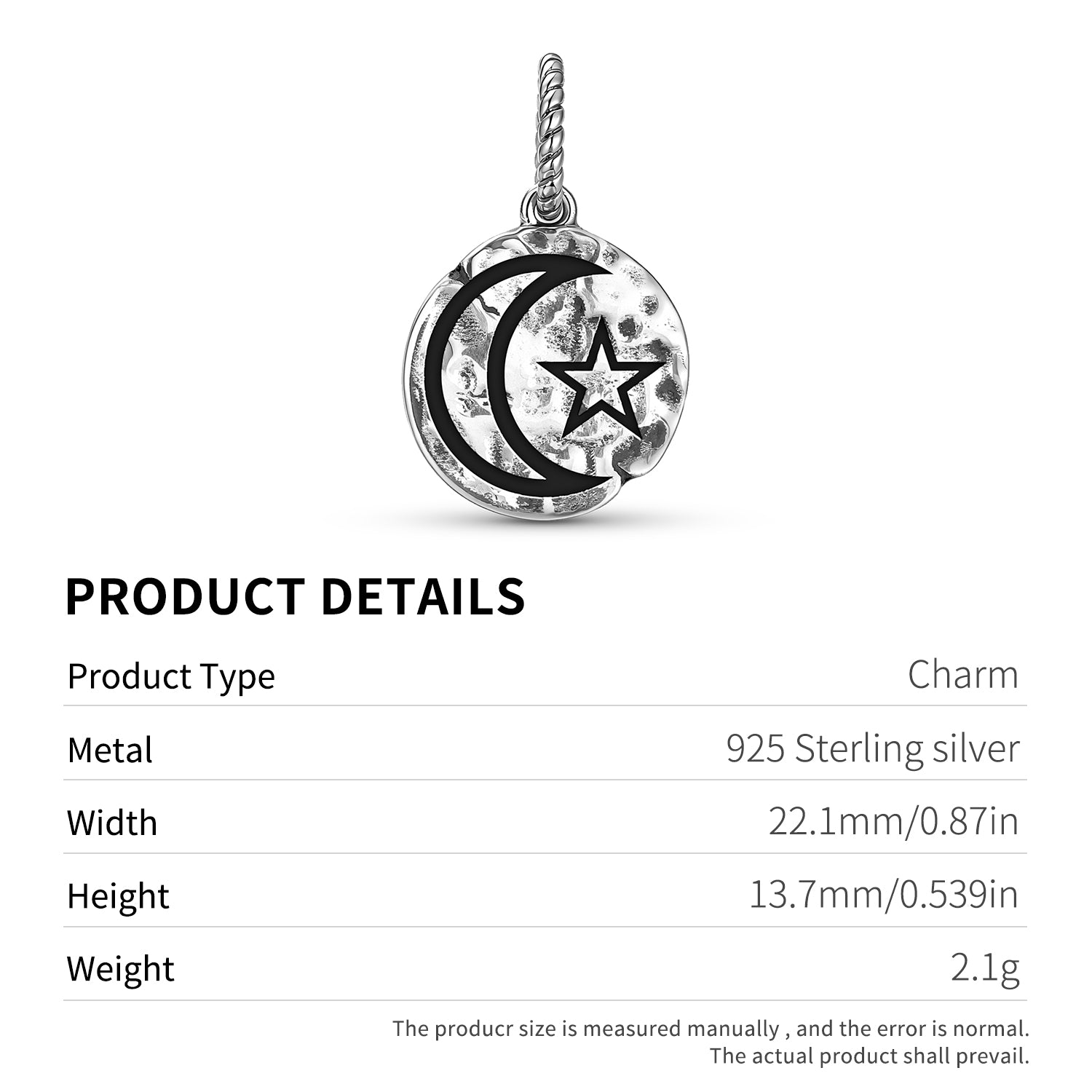 Islam Star et Symbole du Croissant 925 Argent Sterling Textured Dangle Charm pour Charm Br