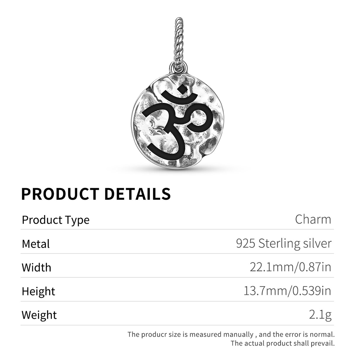 Buddhist Om Symbol 925 Sterling Silver Hand Texture Dangle Charm for Charm Bracelets