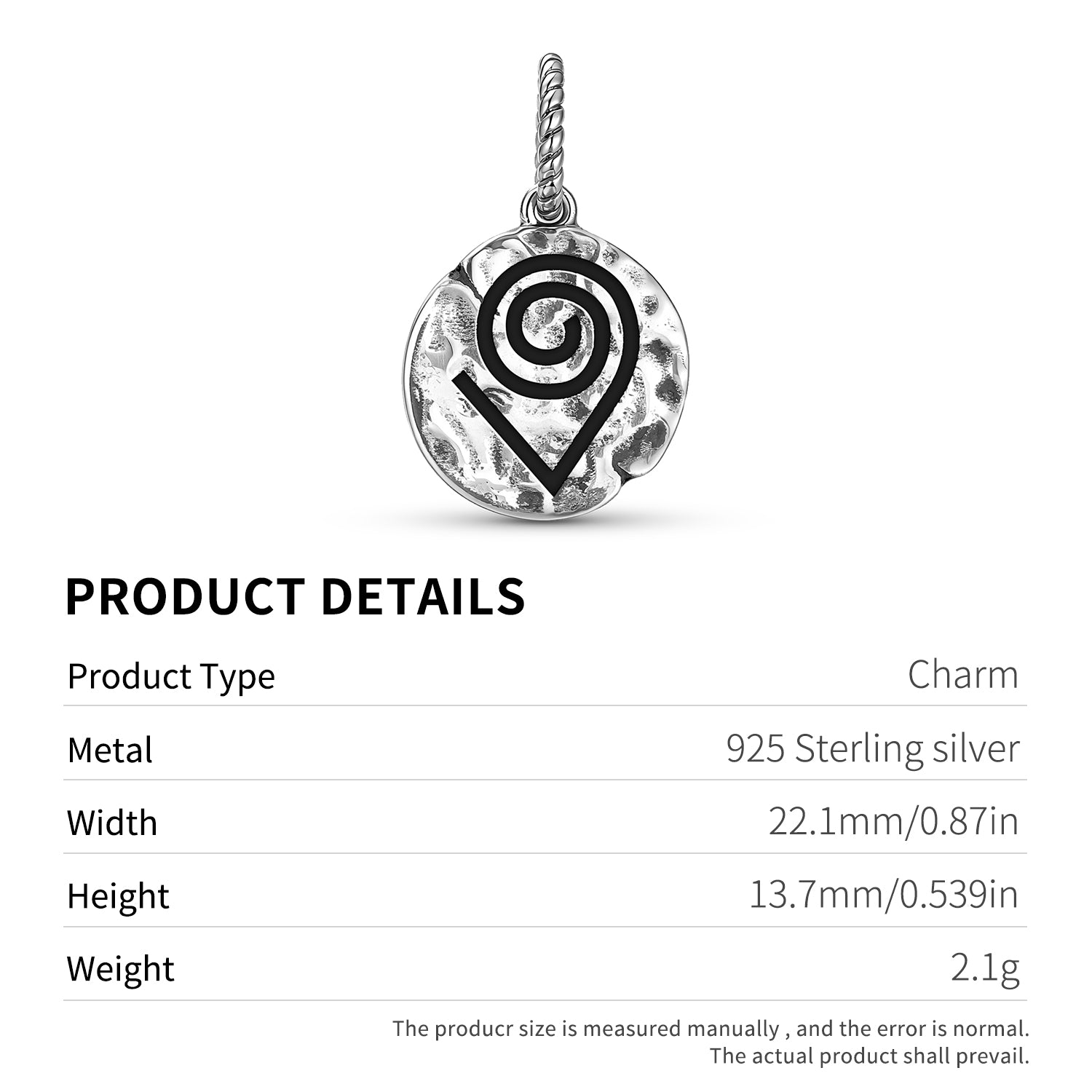 Symbole Kokuromotie 925 Argent Sterling Textured Dangle Charm pour bracelets de charme