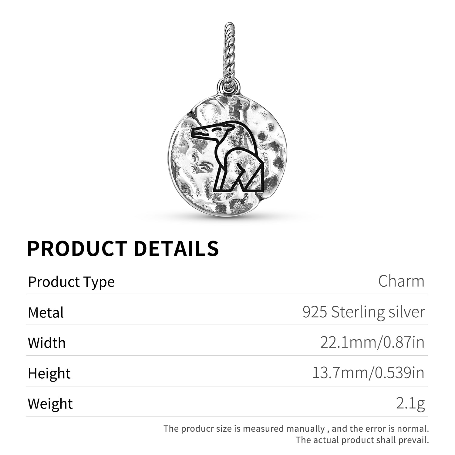 Symbole ammite égyptien 925 argent sterling main texturé Dangle Charm pour bracelets de charme
