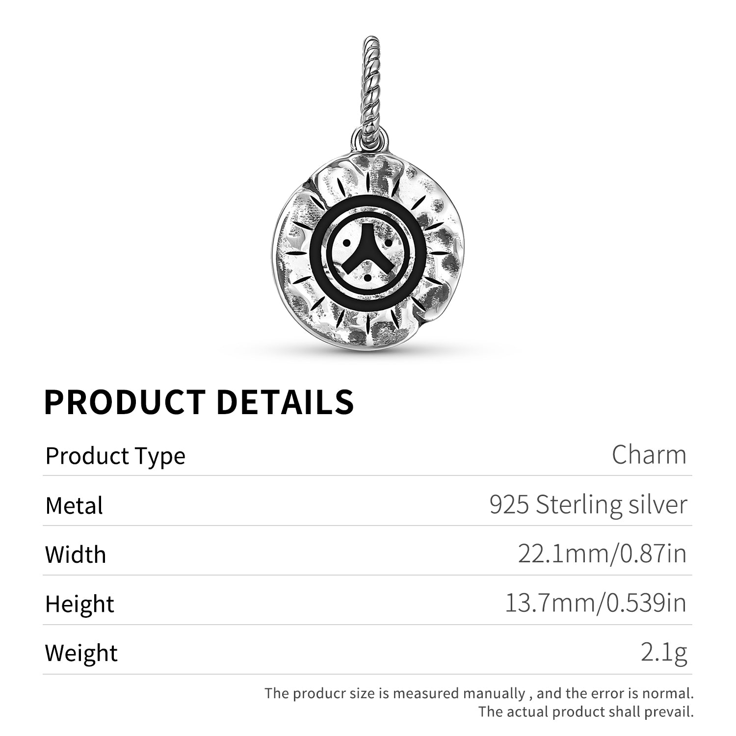 Taino Grand Sceau Symbole 925 Argent Sterling Texture main Dangle Charm pour bracelets de charme
