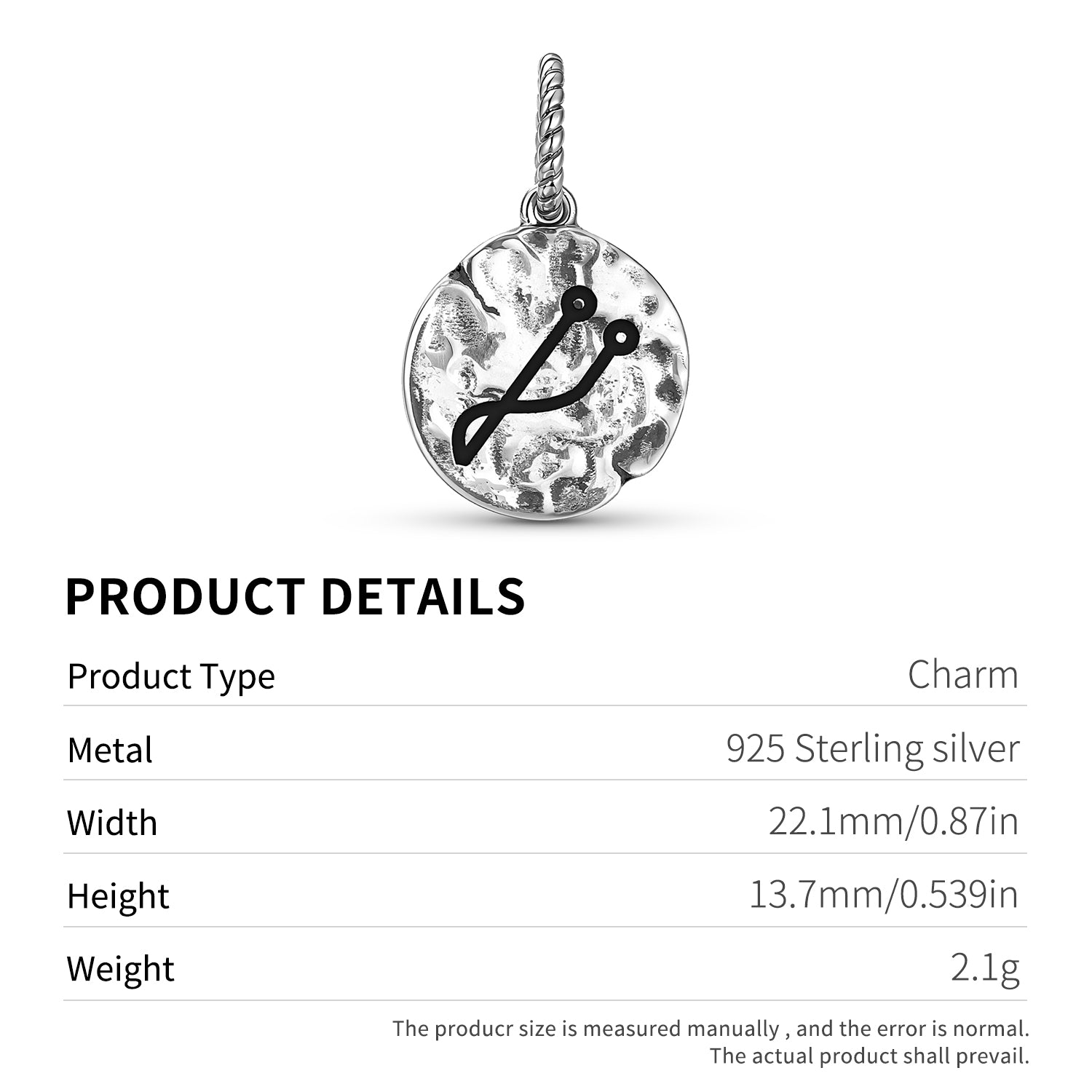 Anges Symbole 925 Argent Sterling Texture main Dangle Charm pour bracelets de charme
